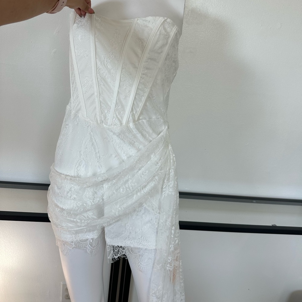 New Strapless White Lace Asymmetric Dress